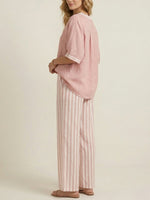 Casual Two-piece Set: Striped Linen & Cotton Patchwork Top And Striped Trousers
