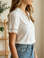 Women's Loose-fit Lace-trimmed Cotton-linen Short-sleeve Casual Shirt