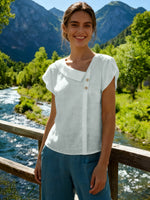 Linen Crescentt Collar Flutter Sleeve Top Blue / S