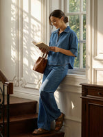 Women's Casual 100% Cotton Denim Top And Wide-leg Pants Two-piece Set