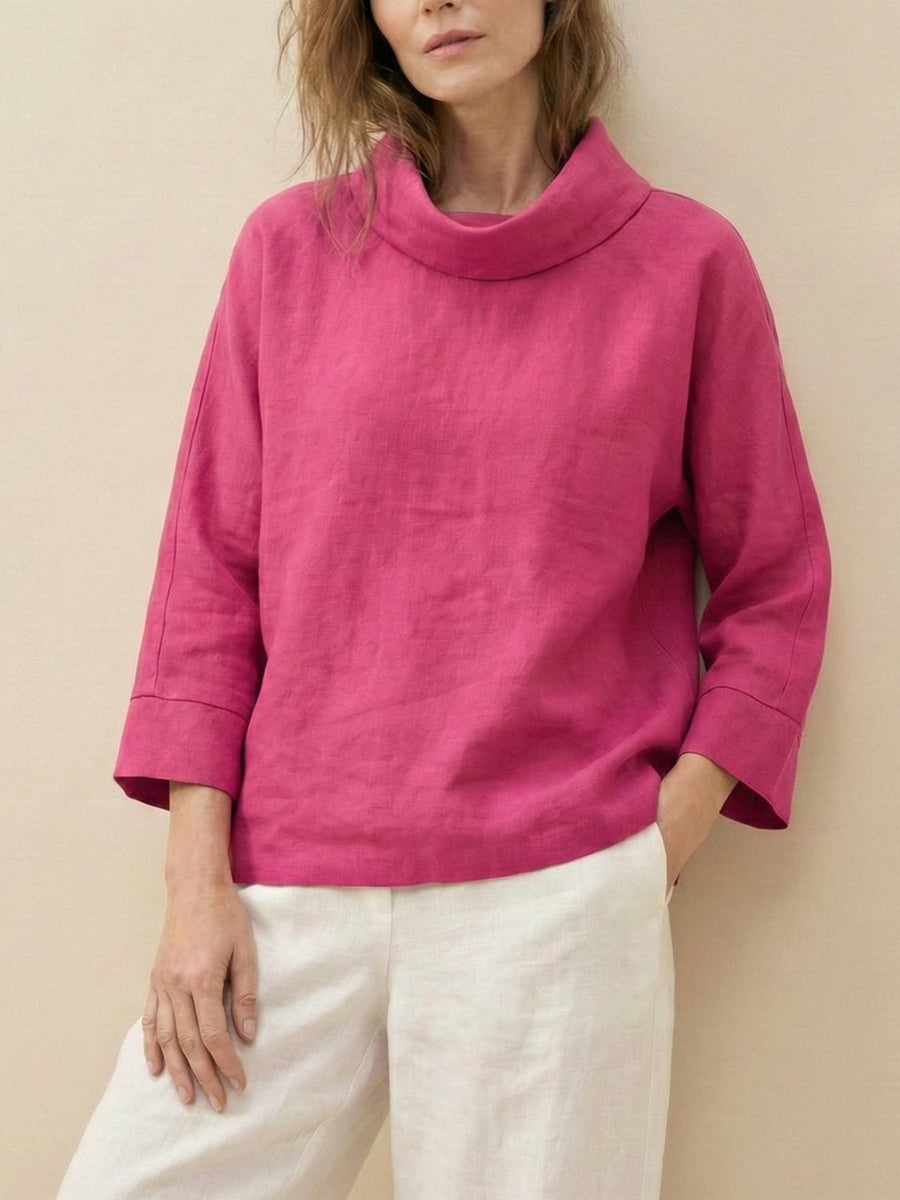 Linen Dropped Collar Long-Sleeve Top