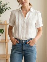 Women's Lapel Short-sleeved Casual Loose Pleated Cotton And Linen Shirt