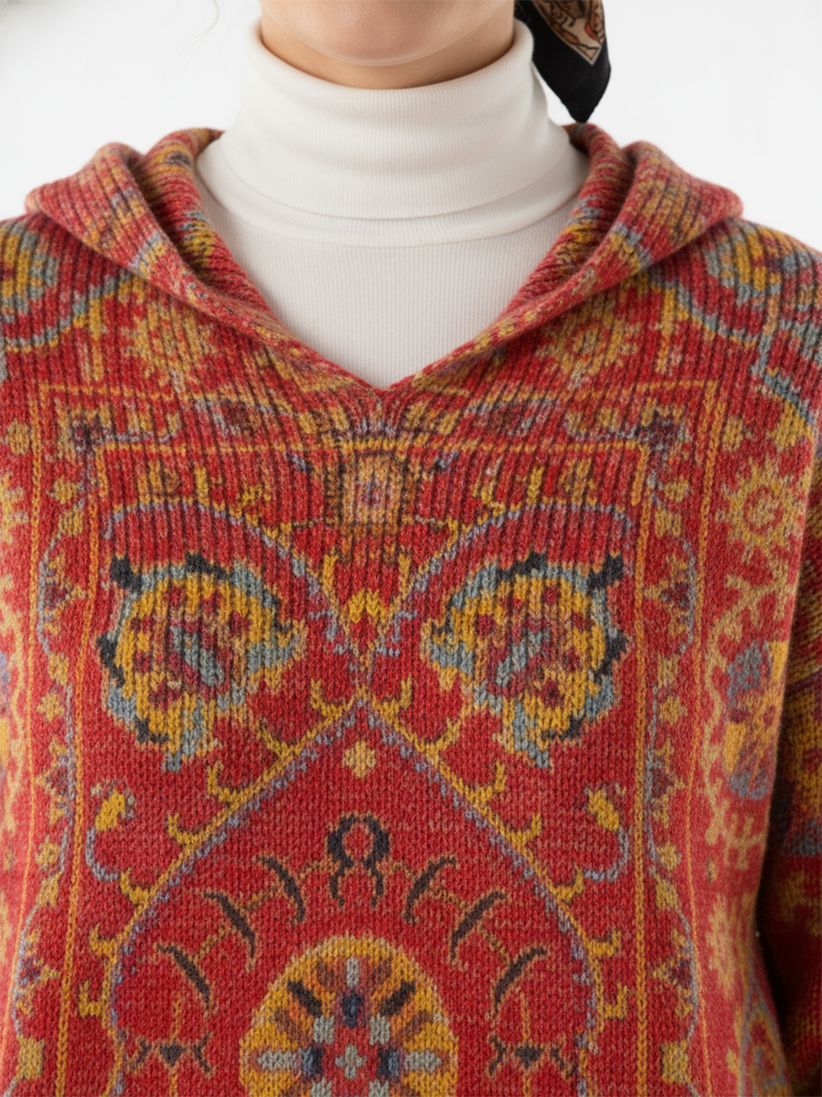 Women's Retro Ethnic Totem Art Print Casual Knitted Pocket Hooded Tunic Top