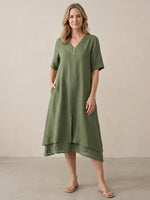 Linen V-Neck Double-Layer Midi Dress