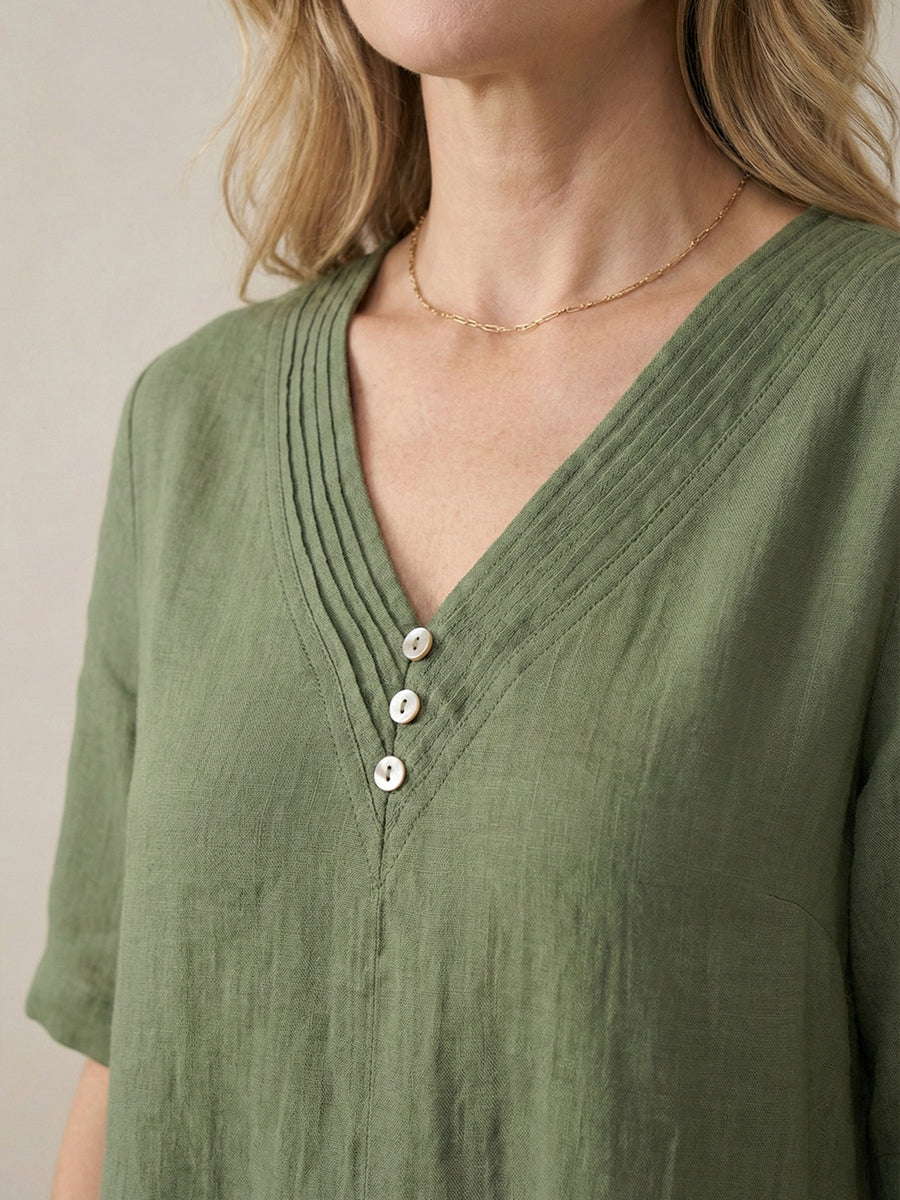 Linen V-Neck Double-Layer Midi Dress