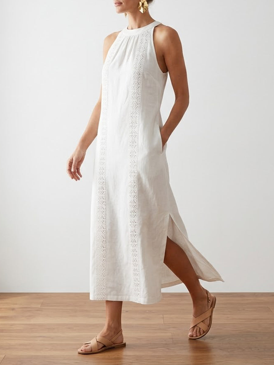 Retro Cozy Lace Linen Dress Spring White Dresses for Women