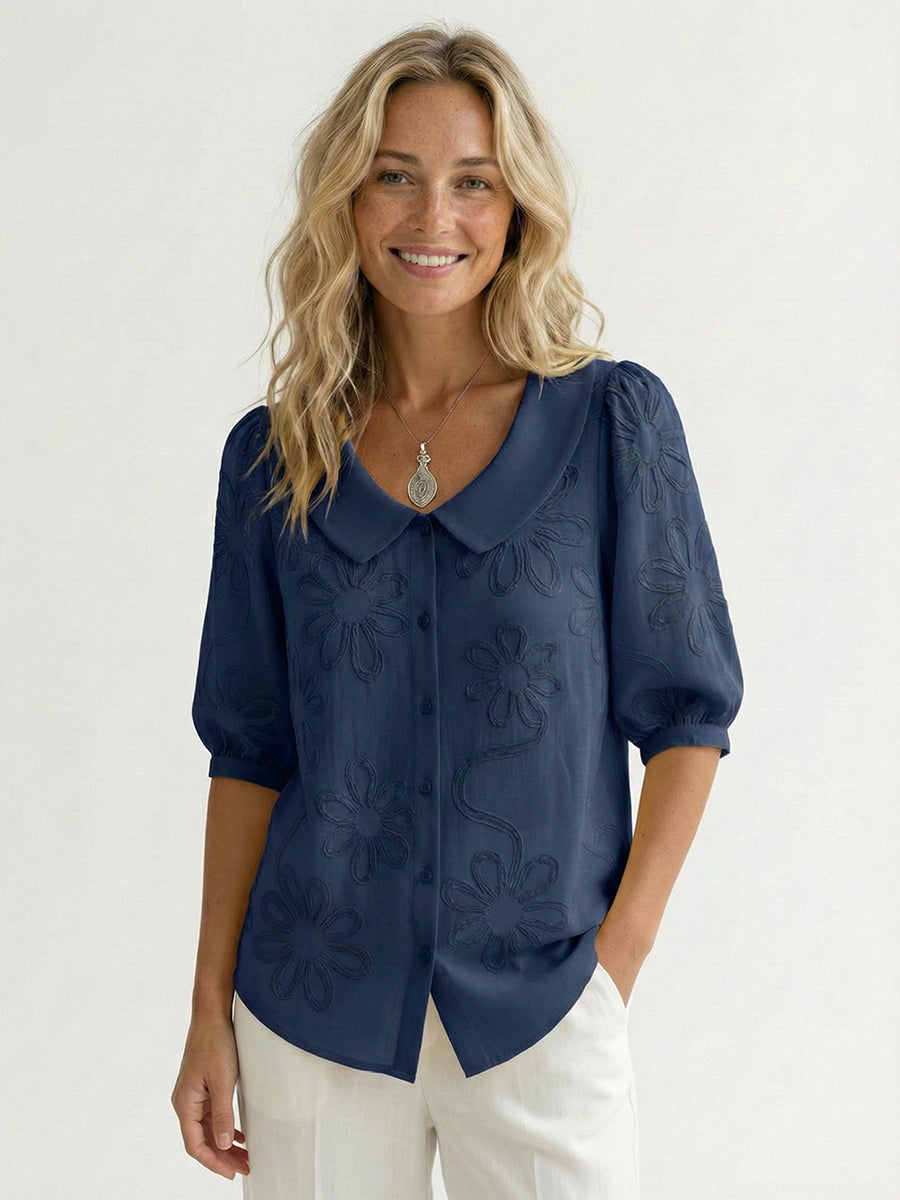Women’s Vintage Peter Pan Collar Embroidered Floral Shirt