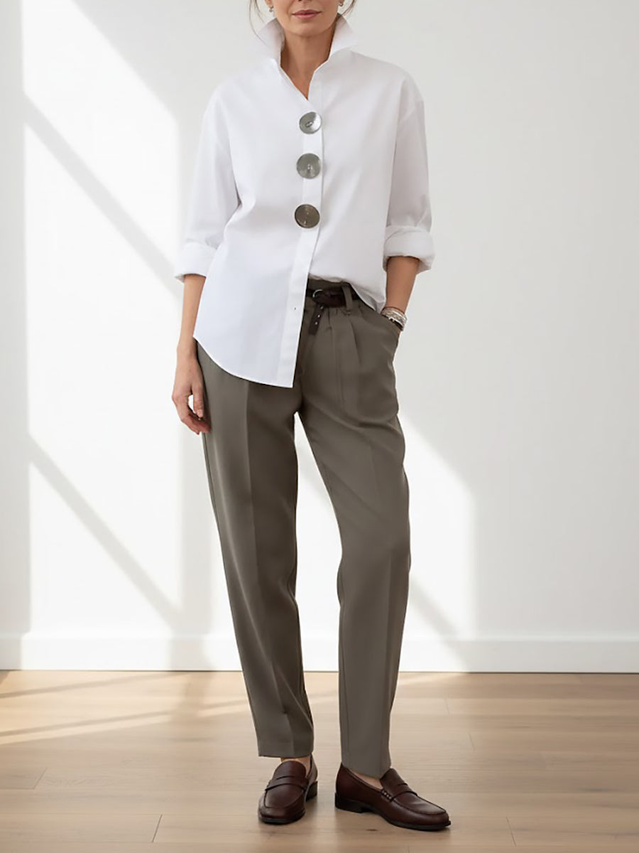 Womens Elegant Stand-collar Metal Buttons Cotton Linen Blouse