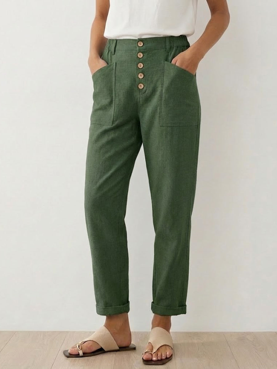 Women's Linen Simple Button Fly Trousers