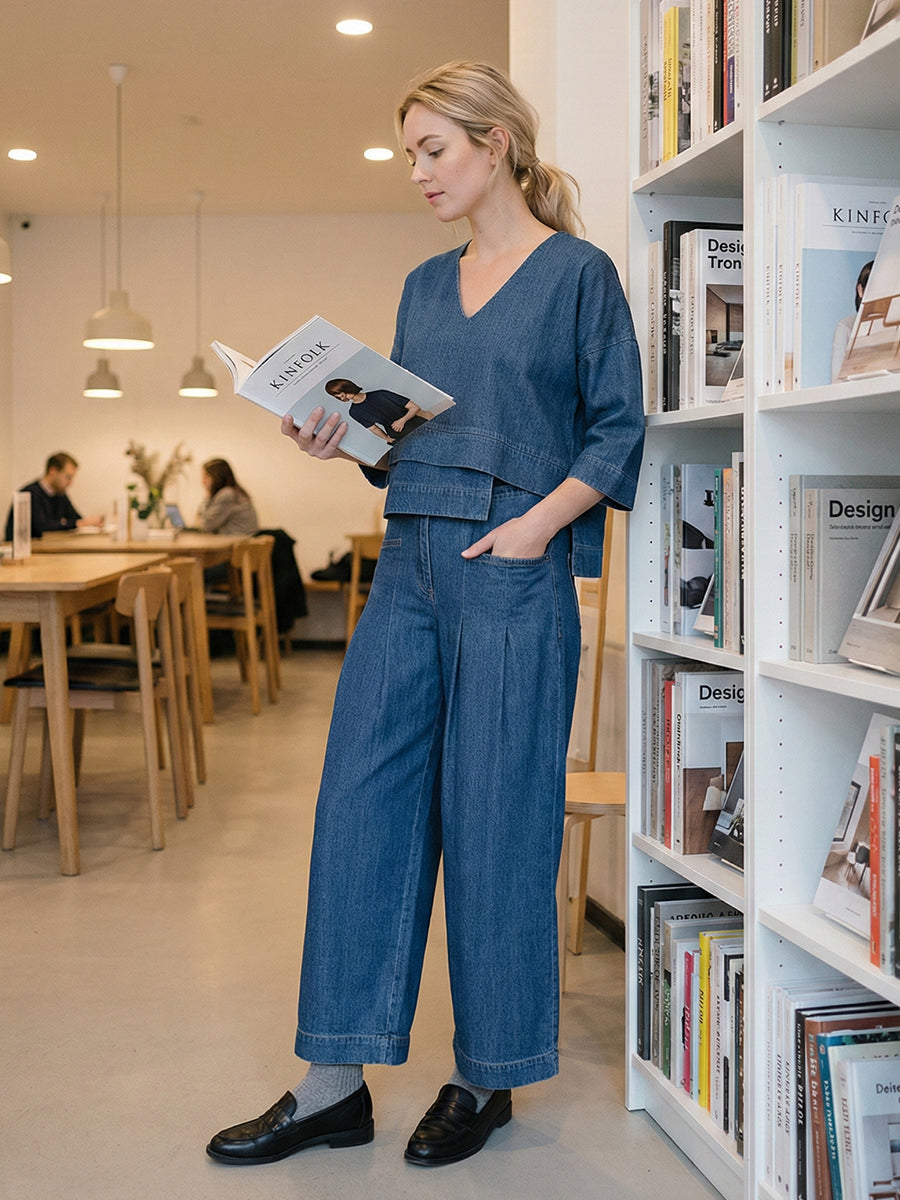 Women's Relaxed V-Neck Cotton-Linen Co-ord Set