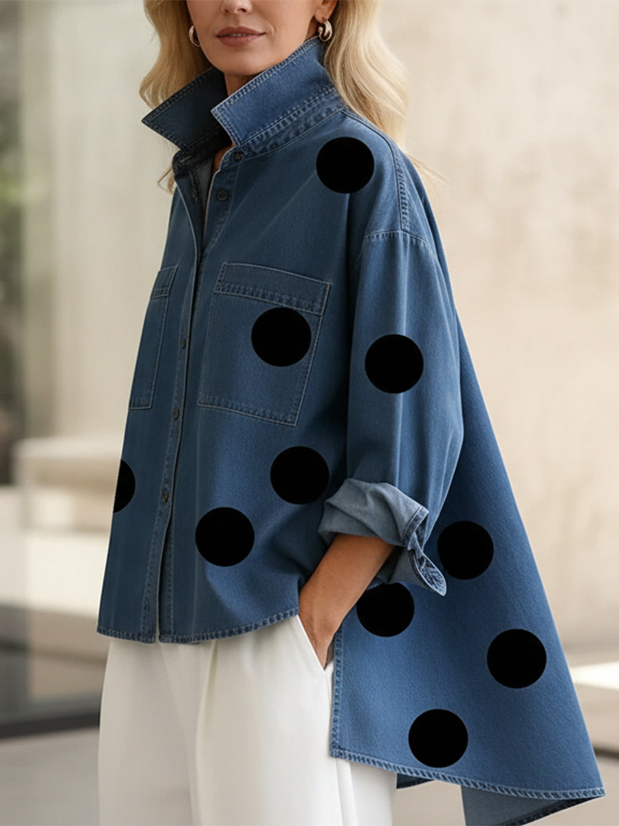 Womens Elegant Artistic Polka Dot Print Stand-collar Denim Top