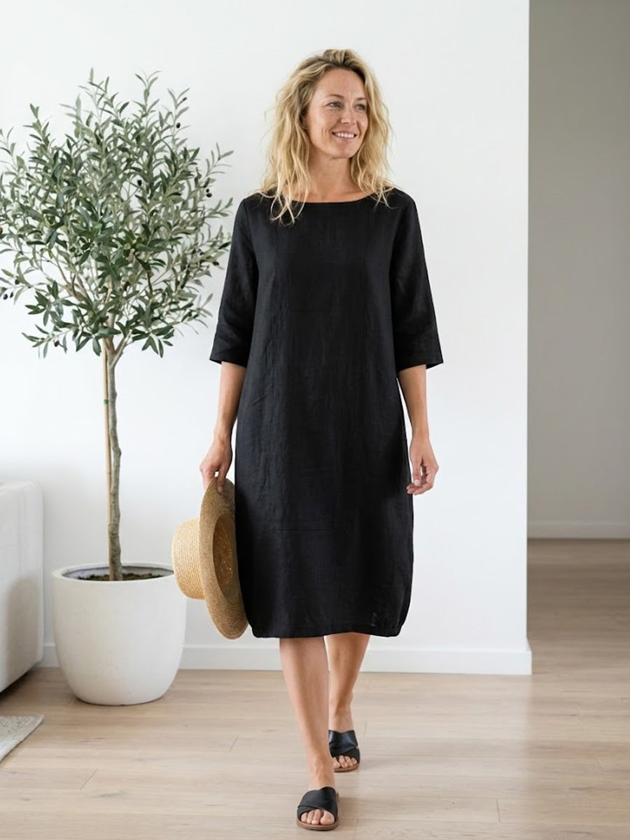 Linen Collarless Mid-Length Dress