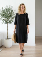 Linen Collarless Mid-Length Dress
