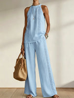 Retro & Comfortable Two-piece Set: Sleeveless Top With Openwork Lace And Wide-leg Pants