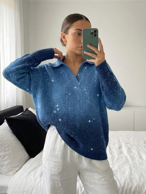 Dreamy Starry Sky Gradient Polo Collar Knit Sweater Top