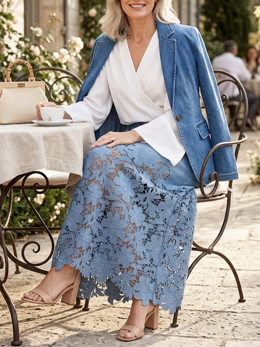 Floral Blue Denim Skirt Spring Lace Skirt for Women