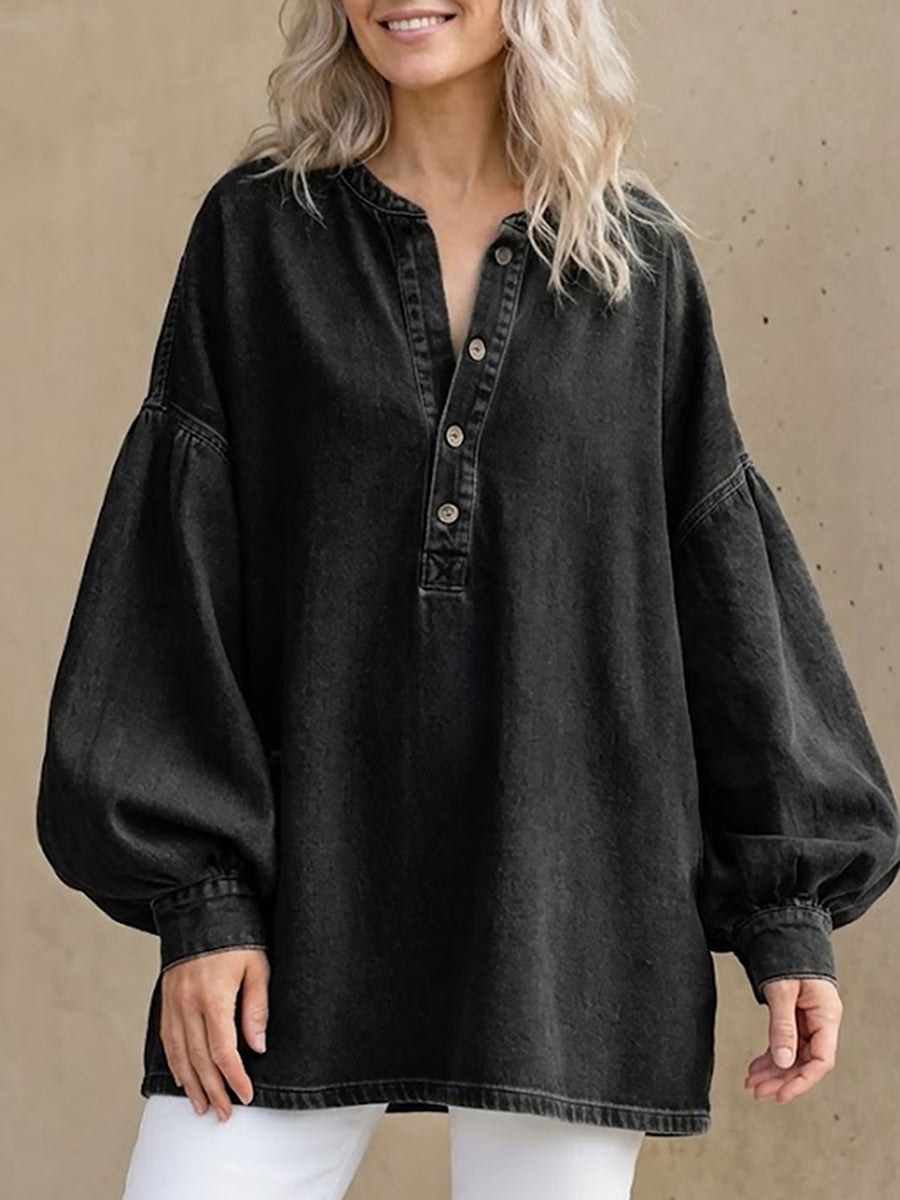 Fiorachic Women's V-neck Long-sleeved Casual Loose Denim Top