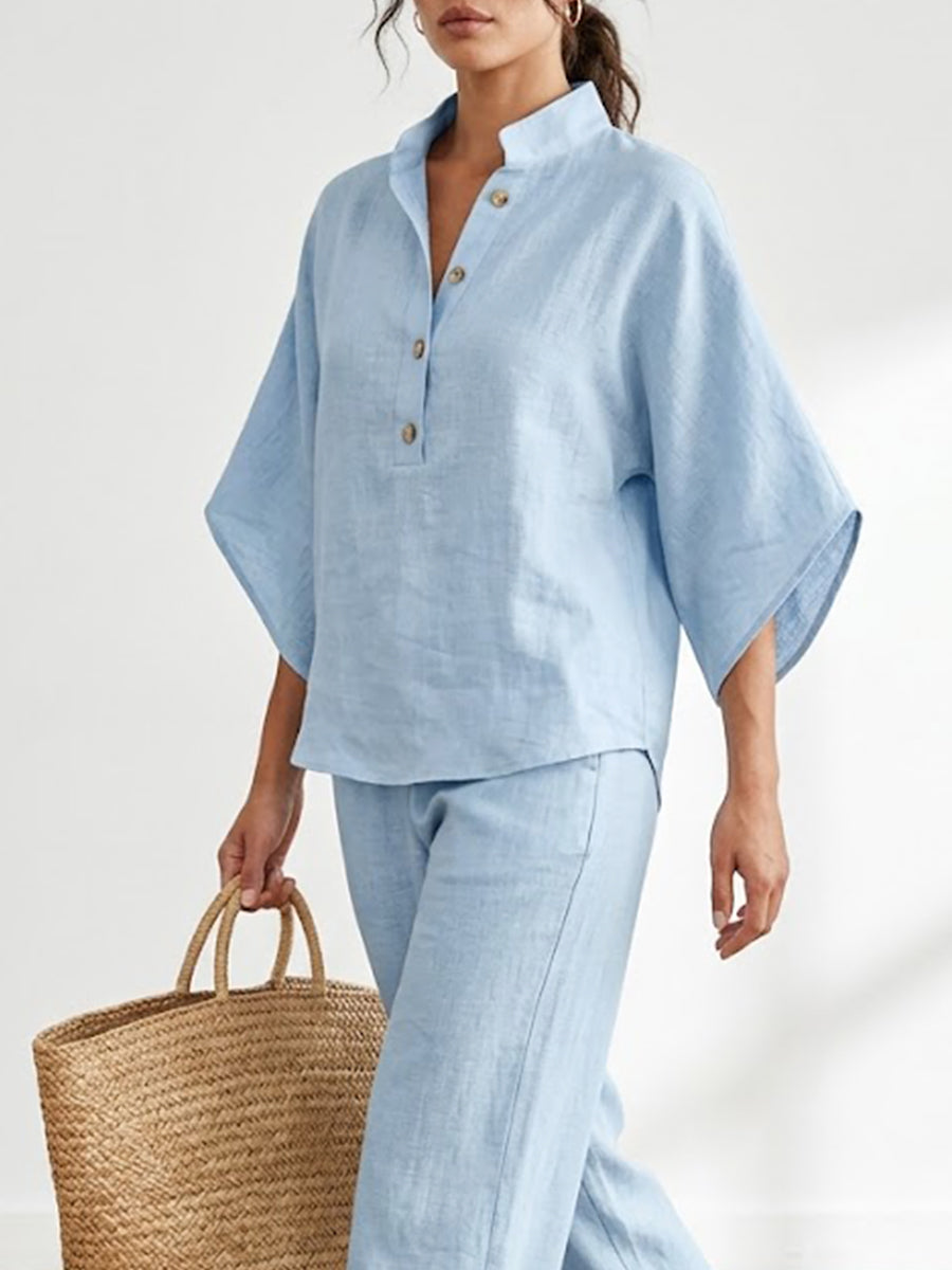 Women's Casual Batwing Sleeve Linen And Cotton Shirt And Trousers Two-piece Set