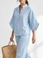 Women's Casual Batwing Sleeve Linen And Cotton Shirt And Trousers Two-piece Set