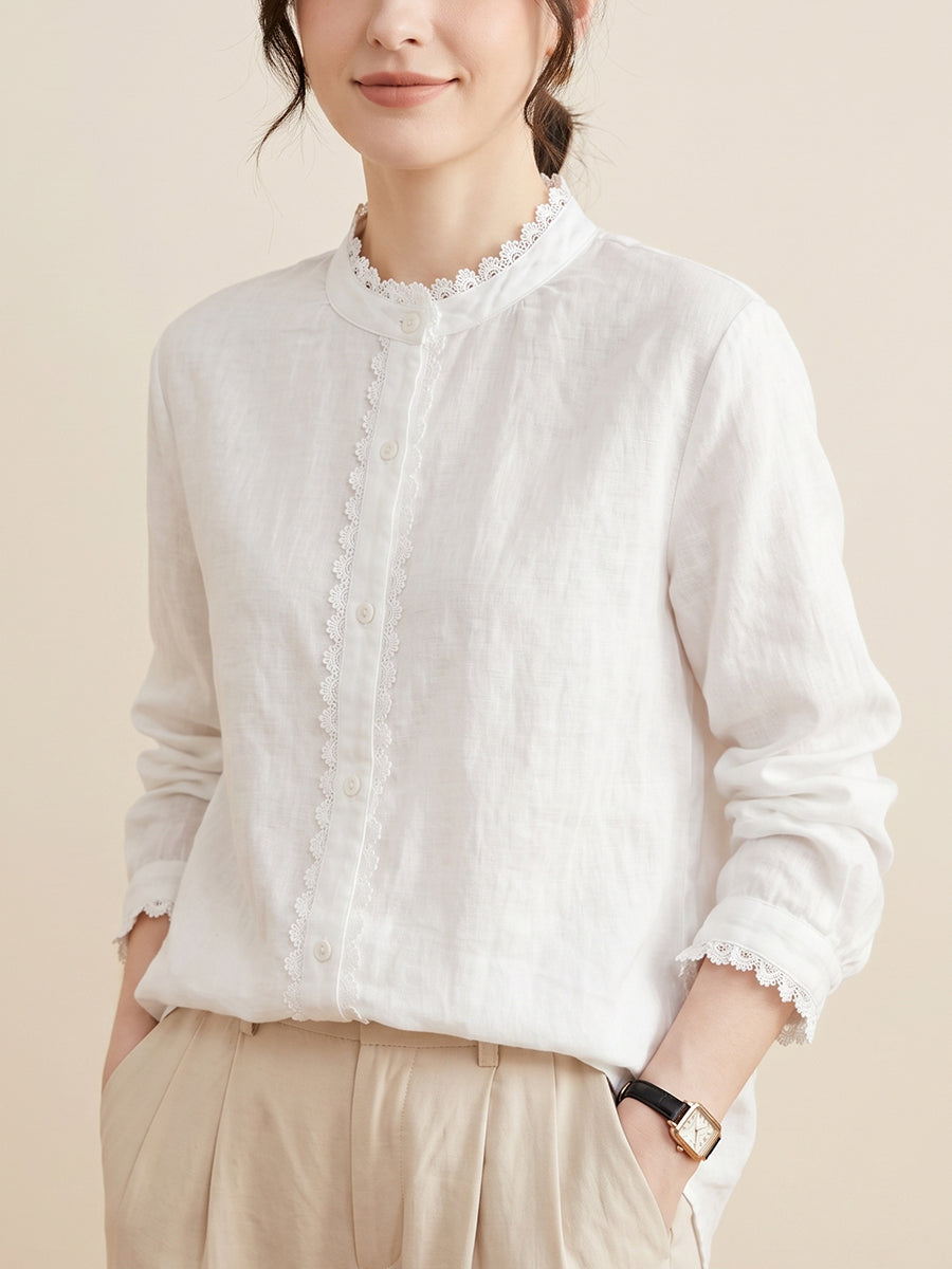 Women’s Minimal Lace Cotton Linen Top – Loose Fit Breathable Summer Blouse