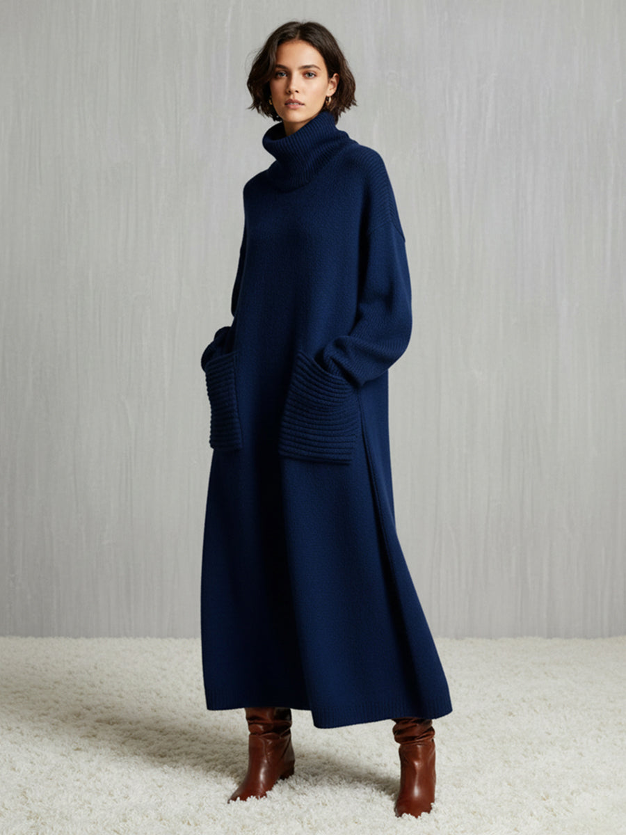 Women's Solid Color High-Neck Long-Sleeve Casual Loose Knit Dress