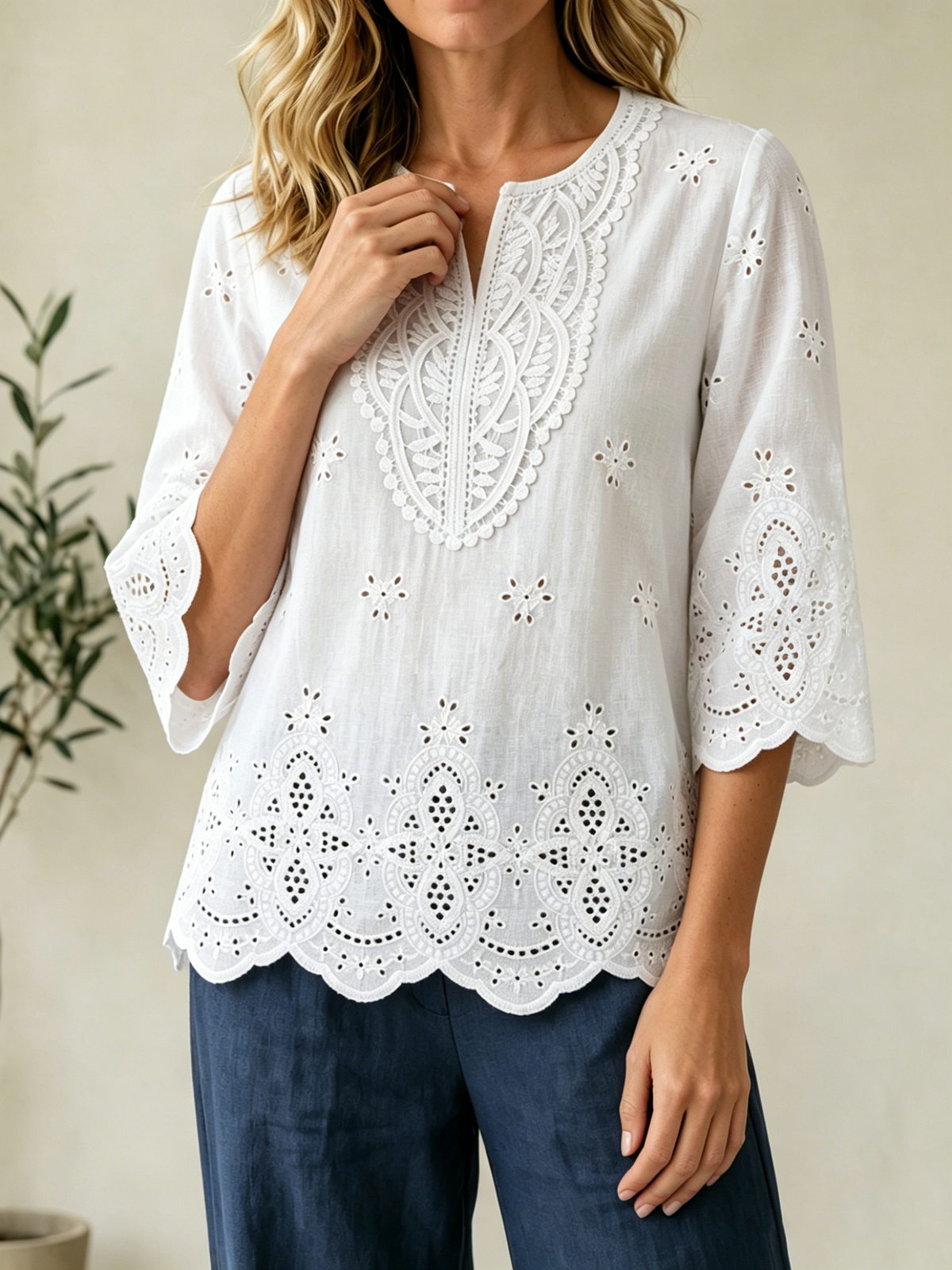 Openwork Embroidered V-neck Shirt With Three-quarter Sleeves And Lace Hem