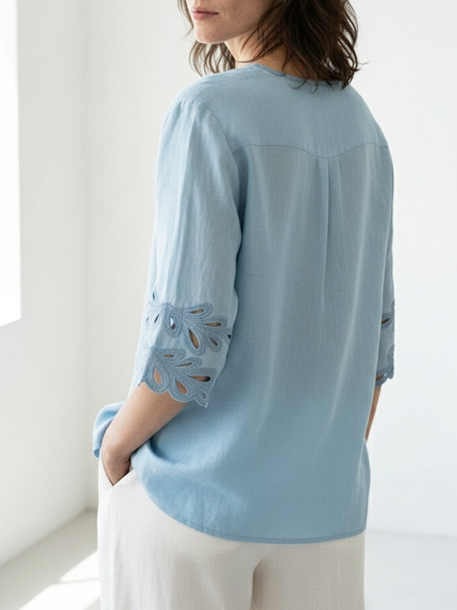 Linen Blouse for Women Embroidered V-Neck Loose Fit Breathable Summer Top