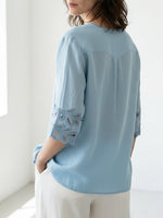 Linen Blouse for Women Embroidered V-Neck Loose Fit Breathable Summer Top