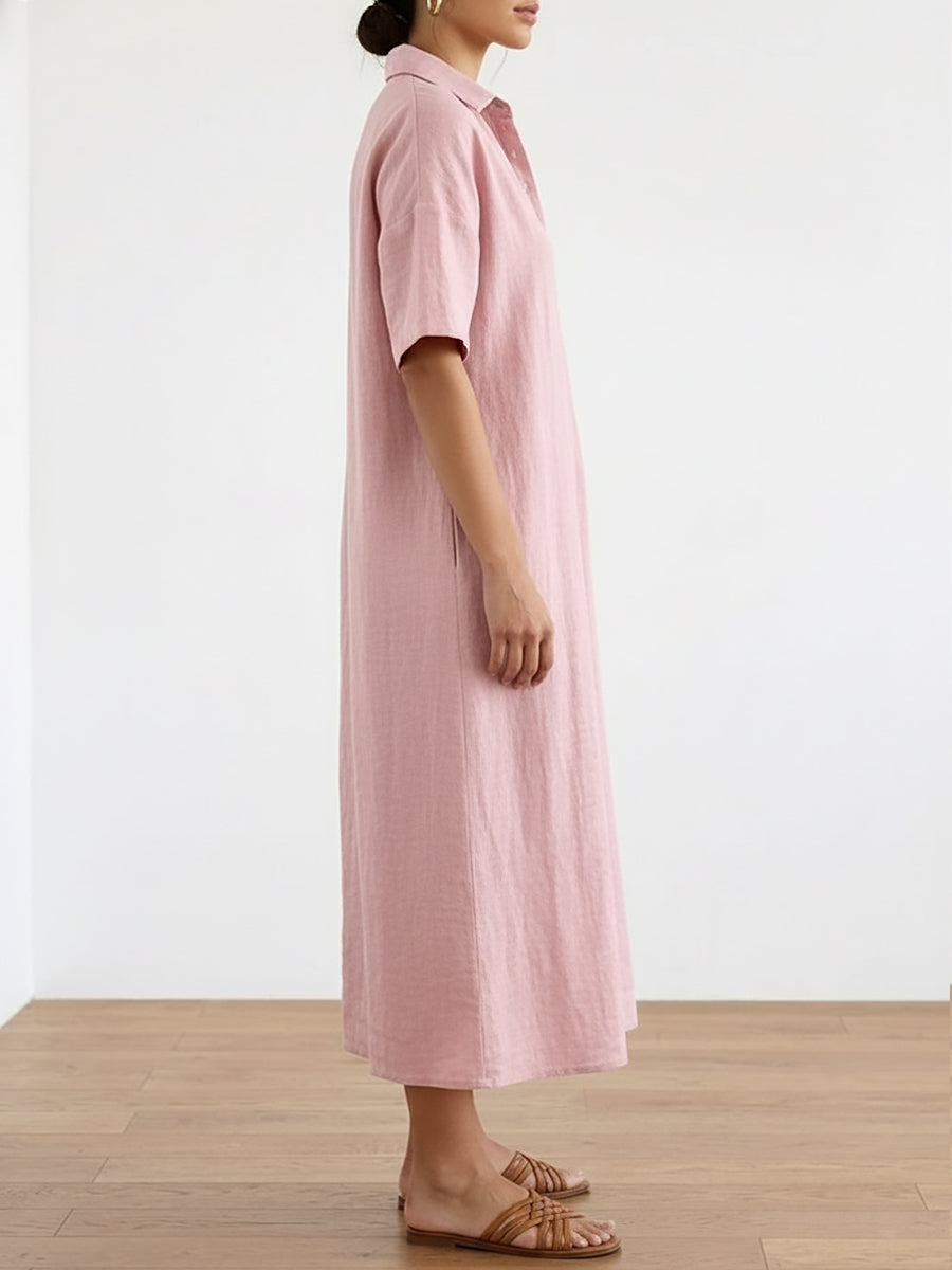 Casual Polo Collar Linen And Cotton Short-sleeved Dress