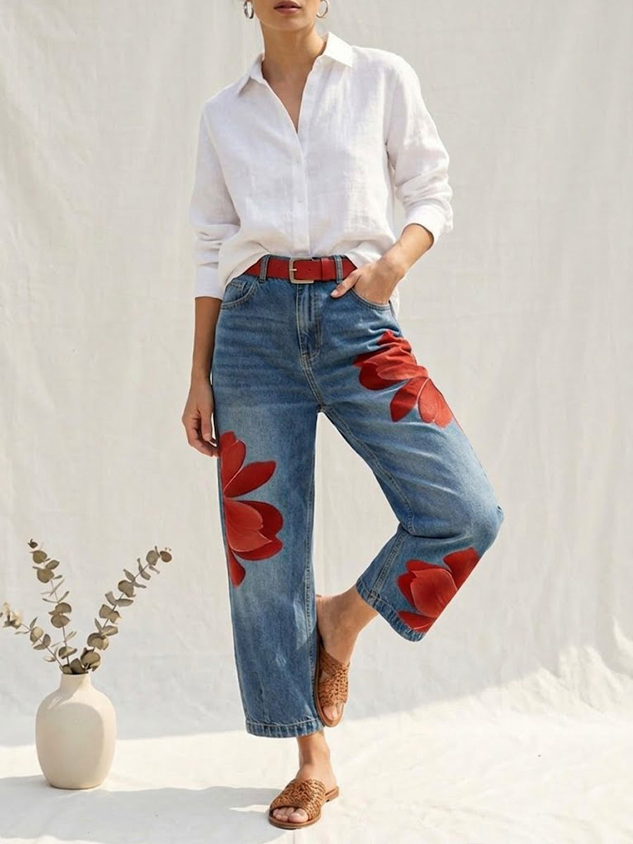 Women's Vintage Wash Red Floral Embroidered Denim Pants