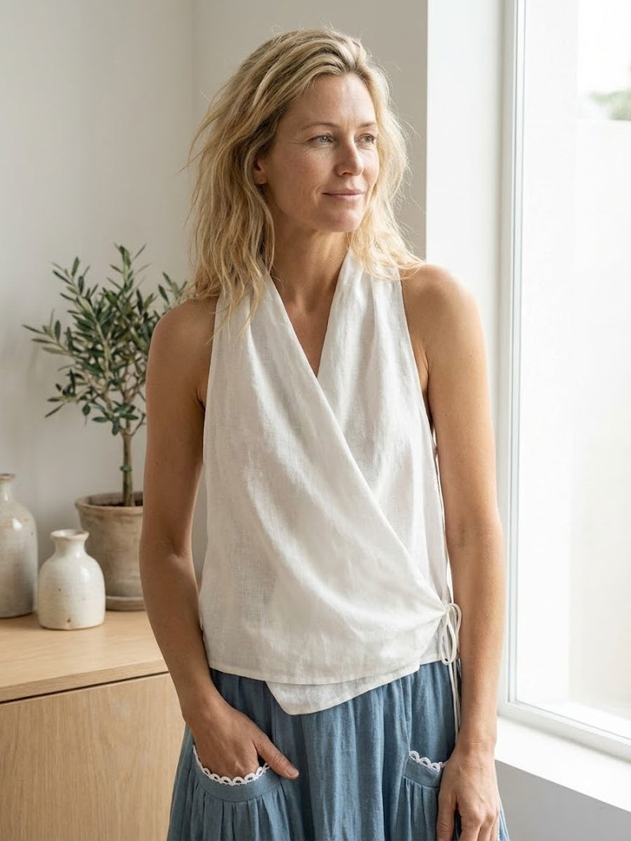 Linen Halter Neck Tie-Front Crop Top