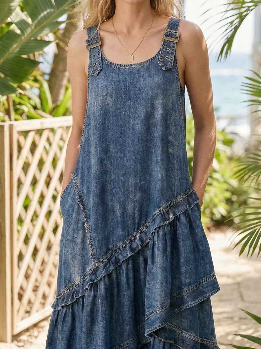Women's Fashion Design Sleeveless Multi-layered Ruffled Strap Dress