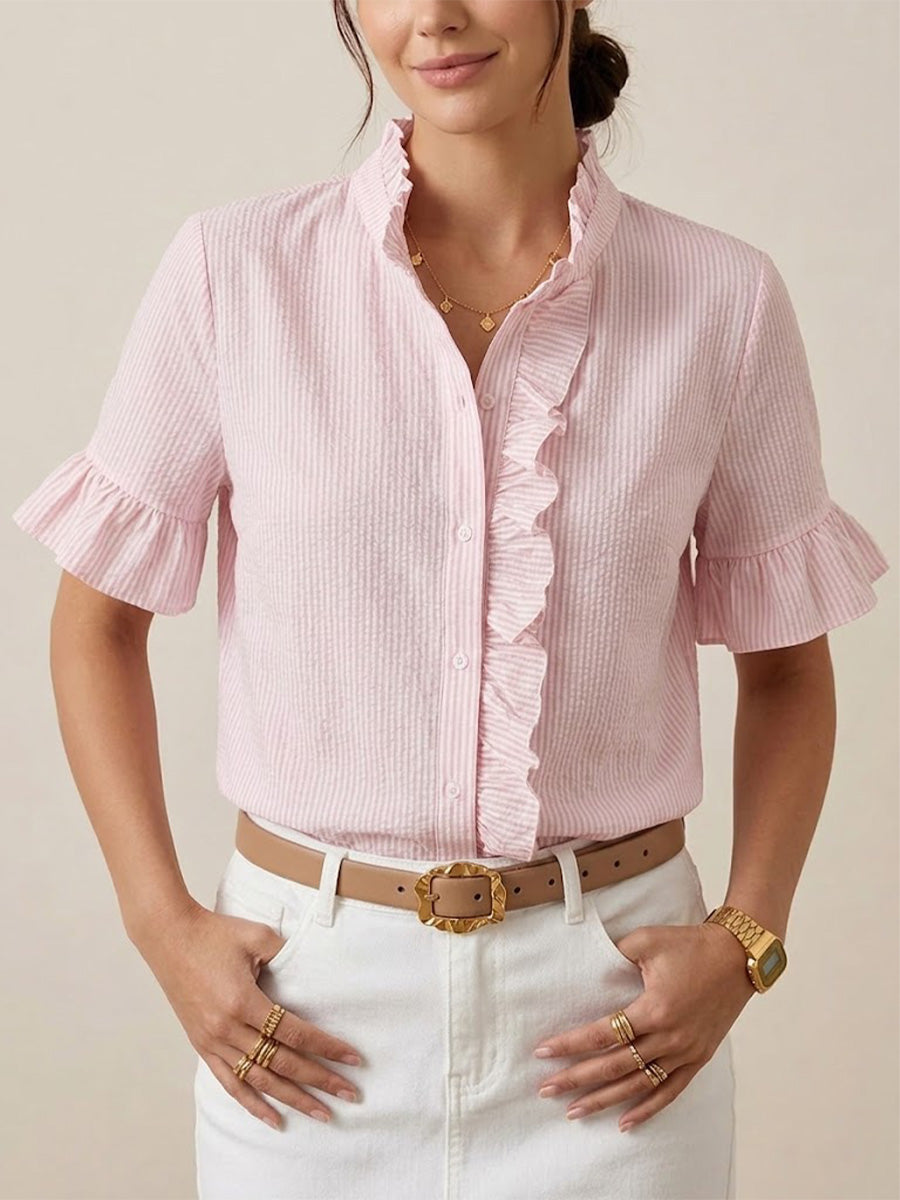Vertical-striped Seersucker Short-sleeve Shirt With Ruffled Details
