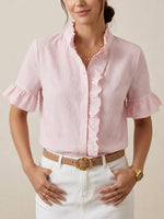 Vertical-striped Seersucker Short-sleeve Shirt With Ruffled Details