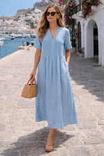 Casual Pleated Linen And Cotton Short-sleeve Dress