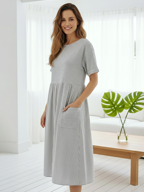 Linen Pinstripe Paneled Short-Sleeved Dress Stripe / M