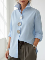 Womens Elegant Stand-collar Metal Buttons Cotton Linen Blouse