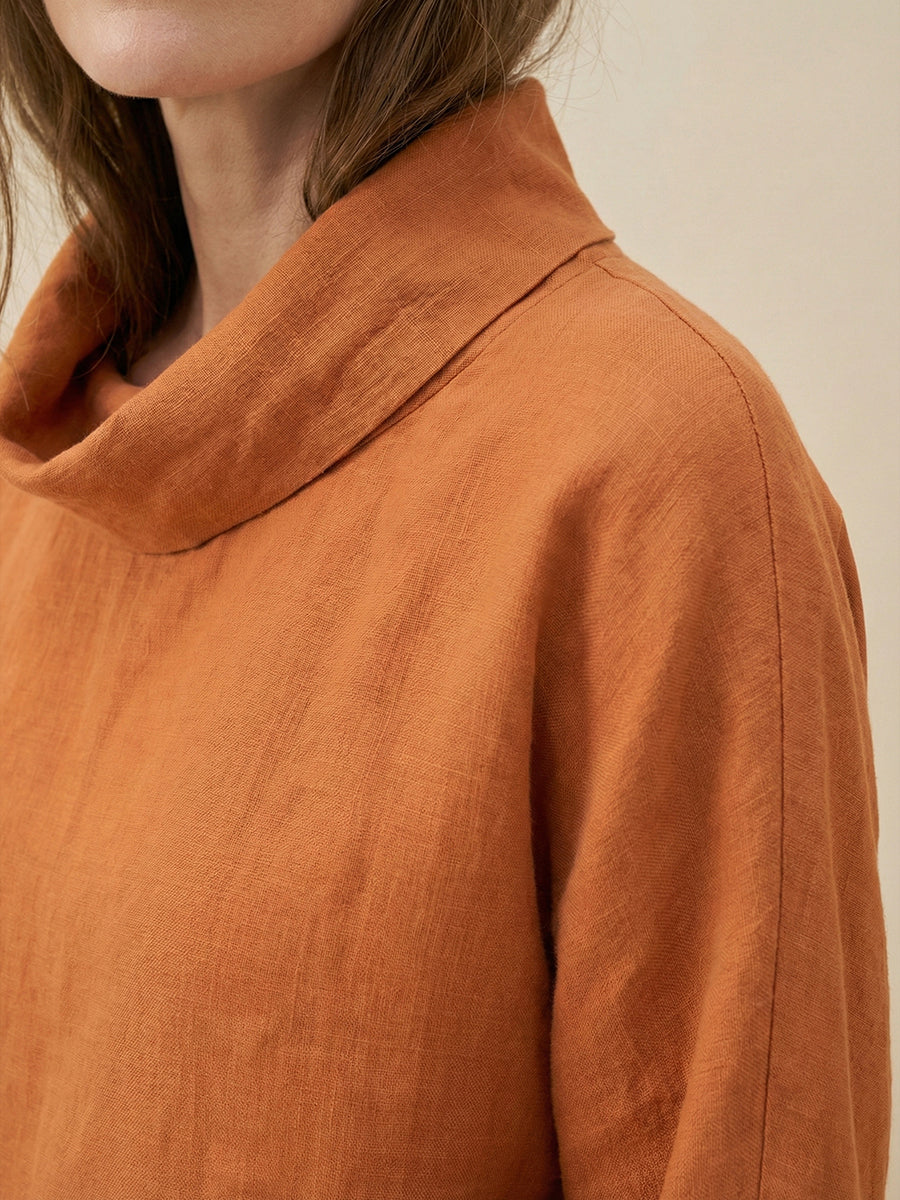 Linen Dropped Collar Long-Sleeve Top