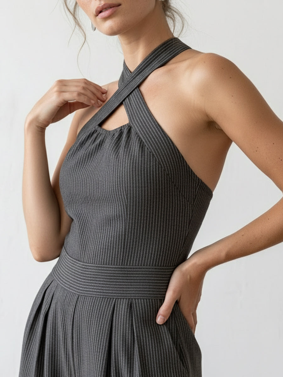 Women's Cross-neck Halter Design Cotton-linen Jumpsuit