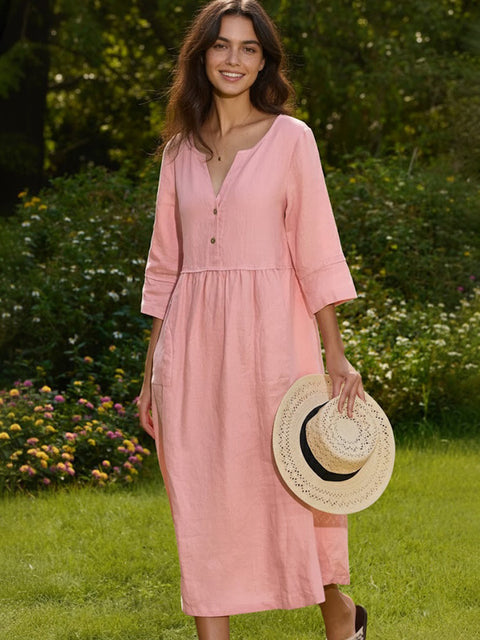 Linen Loose Fit Button Waist Gathered Maxi Dress Pink / 5xl